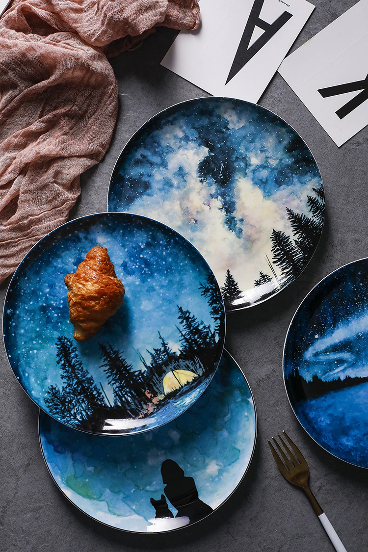 Deep Blue Starry Night Skies Designer Handmade Bone China Modern Ceramic Tableware Breakfast And Dinner Plates