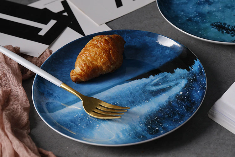 Deep Blue Starry Night Skies Designer Handmade Bone China Modern Ceramic Tableware Breakfast And Dinner Plates