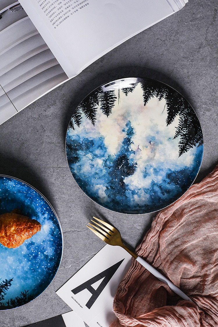 Deep Blue Starry Night Skies Designer Handmade Bone China Modern Ceramic Tableware Breakfast And Dinner Plates
