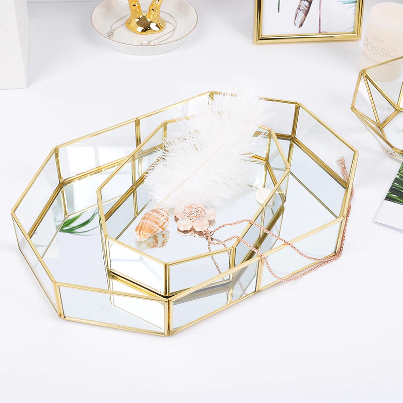 Exquisite Style Gold & Glass Nordic Storage Trays Retro Art Deco Themed Brass Makeup Storage Golden Geometric Glass Trays