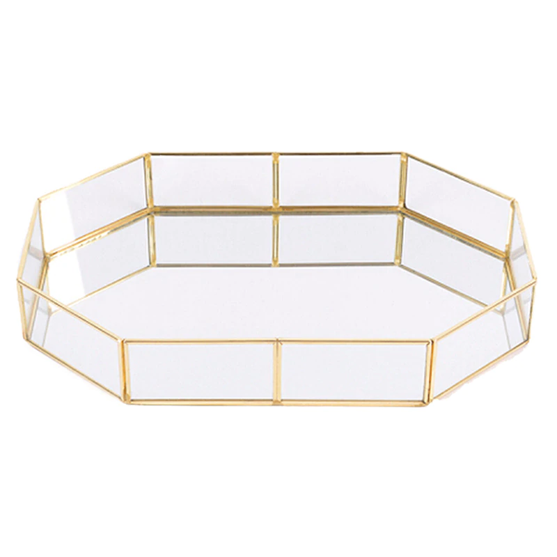 Exquisite Style Gold & Glass Nordic Storage Trays Retro Art Deco Themed Brass Makeup Storage Golden Geometric Glass Trays