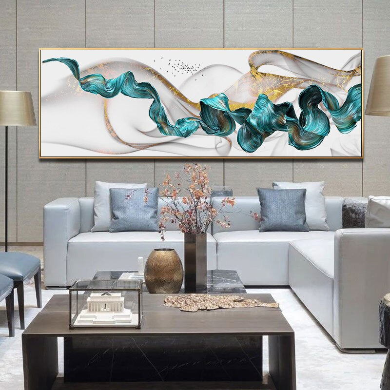 Flowing Golden Jade Wide Format Modern Abstract Wall Art Fine Art Canvas Prints Auspicious Home Decor Pictures For Above The Sofa Or Above The Bed