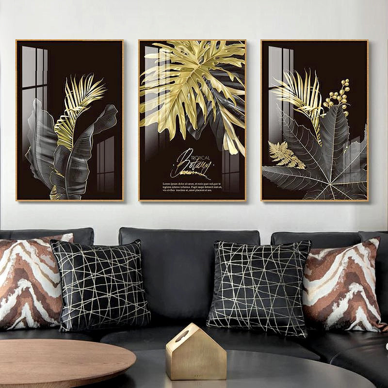 Black Golden Palms Tropical Botany Wall Art Fine Art Canvas Prints Stylish Pictures For Modern Loft Living Room Home Office Luxury Wall Interiors Wall Art Decor