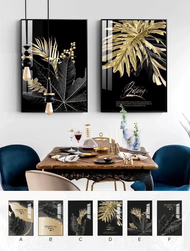 Black Golden Palms Tropical Botany Wall Art Fine Art Canvas Prints Stylish Pictures For Modern Loft Living Room Home Office Luxury Wall Interiors Wall Art Decor