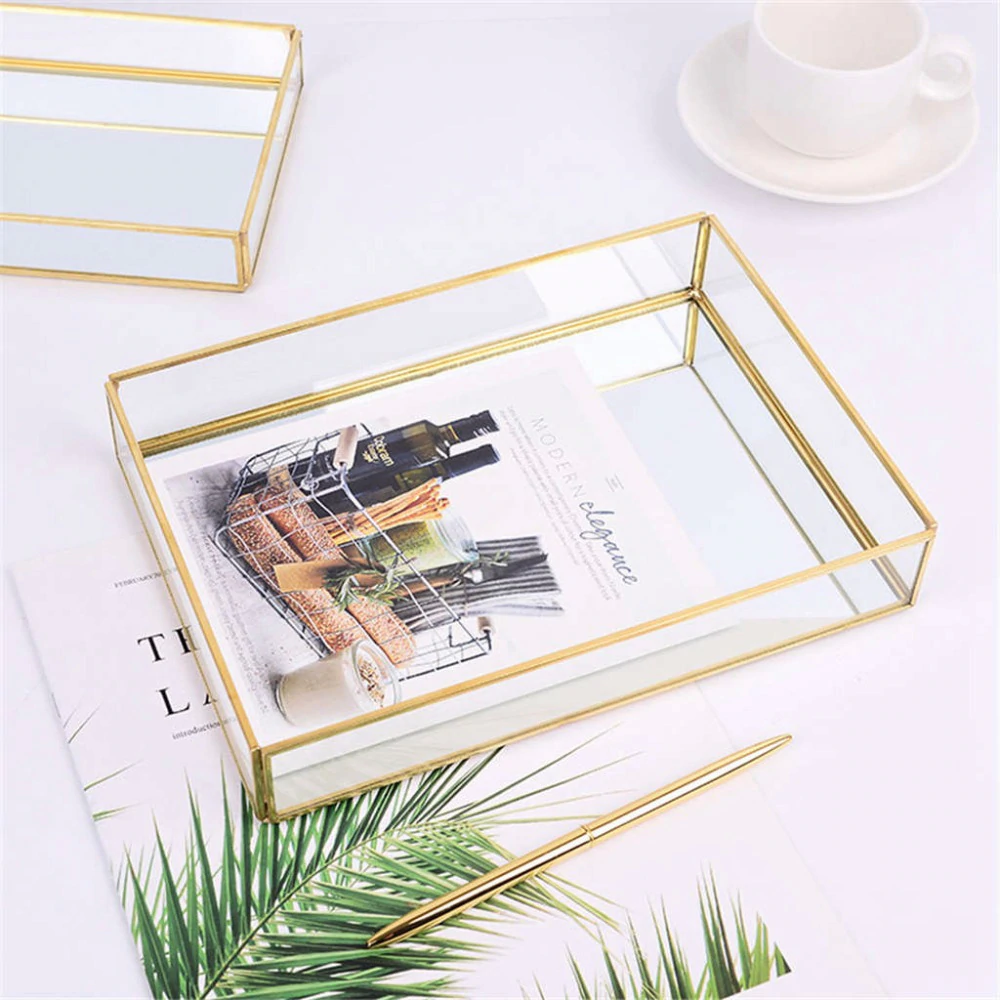 Glass & Brass Geometric Square Tray Nordic Style Geometric Design Makeup Storage Tray Metal Jewelry Display Box Glam Home Decor