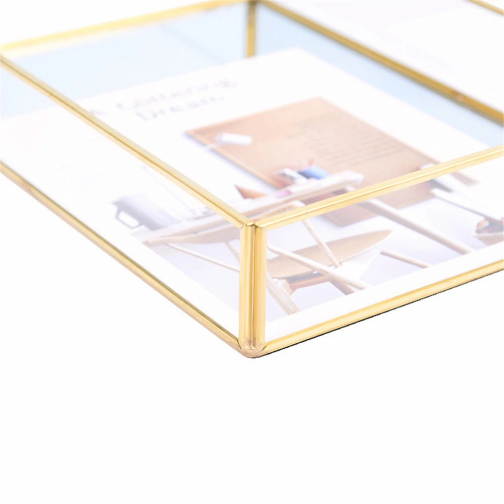 Glass & Brass Geometric Square Tray Nordic Style Geometric Design Makeup Storage Tray Metal Jewelry Display Box Glam Home Decor