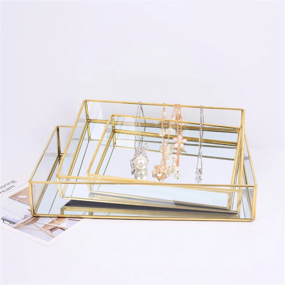 Glass & Brass Geometric Square Tray Nordic Style Geometric Design Makeup Storage Tray Metal Jewelry Display Box Glam Home Decor