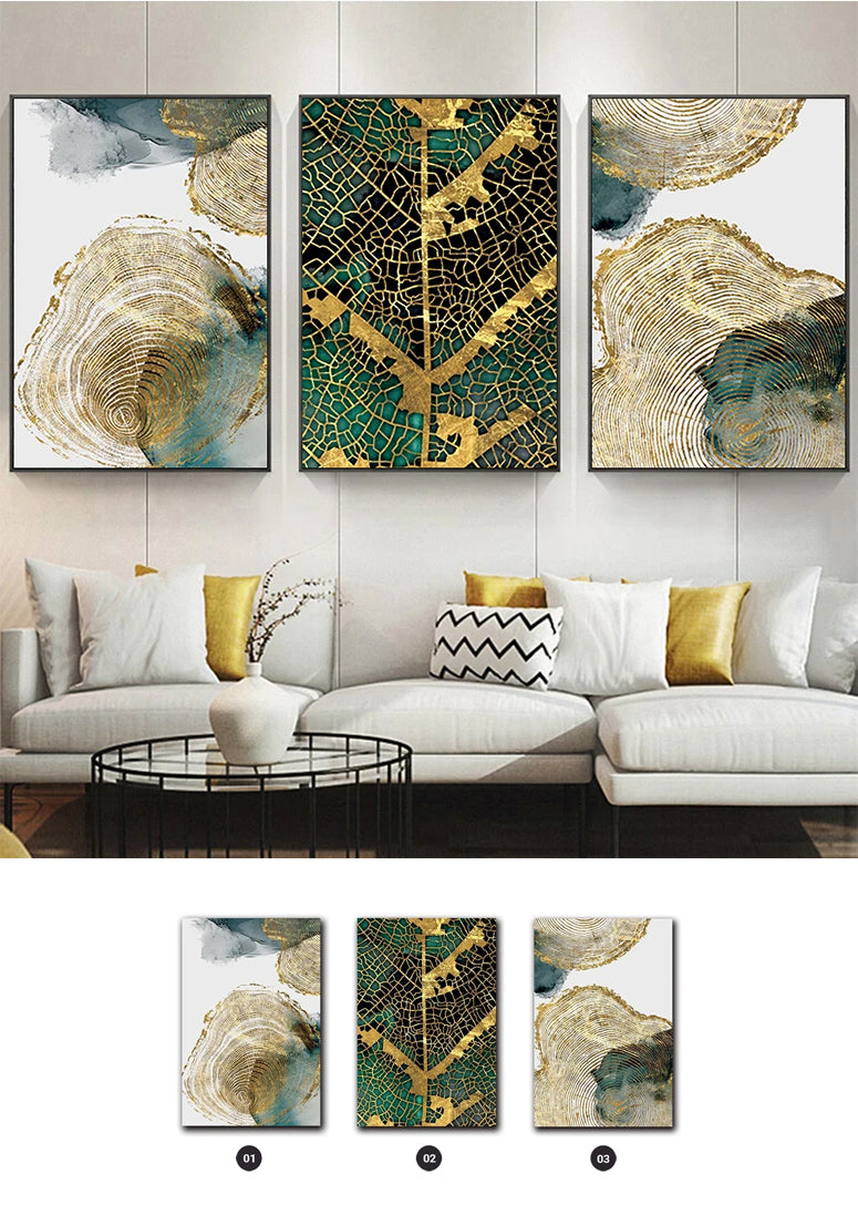 Gold Leaf Woodcut Abstract Wall Art Painting Gold Brown Green Fine Art Canvas Prints Contemporary Pictures For Modern Home Office Interiors