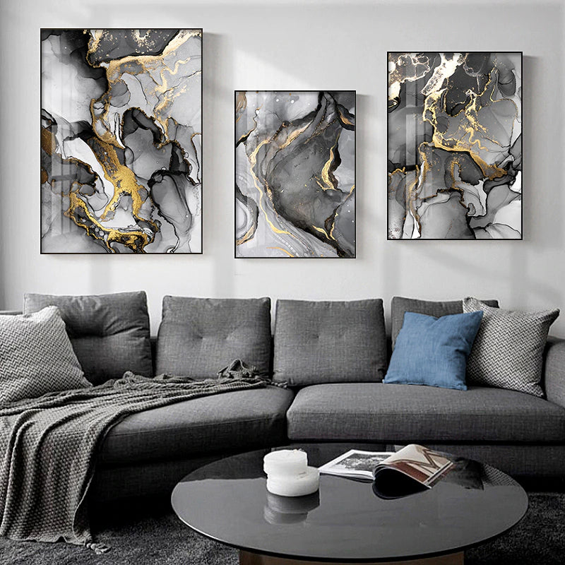 Golden Black Gray Marble Print Wall Art Fine Art Canvas Posters Modern Abstract Pictures For Luxury Loft Apartment Living Room Home Office Interior Design