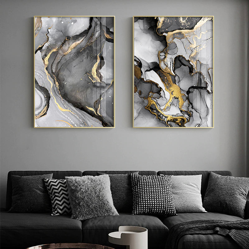 Golden Black Gray Marble Print Wall Art Fine Art Canvas Posters Modern Abstract Pictures For Luxury Loft Apartment Living Room Home Office Interior Design