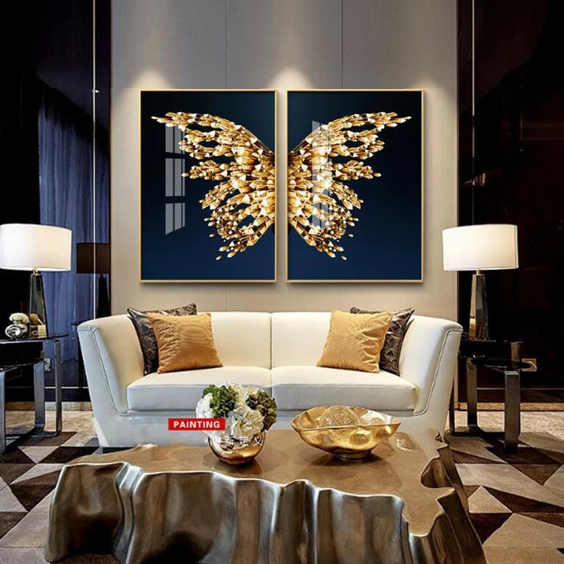 Golden Butterfly Wings Wall Art Fine Art Canvas Prints Glamorous Pictures For Luxury Loft Apartment Living Room Bedroom Dining Room Wall Art Decor