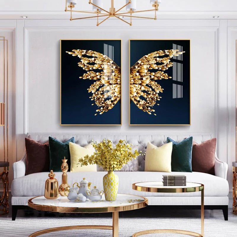 Golden Butterfly Wings Wall Art Fine Art Canvas Prints Glamorous Pictures For Luxury Loft Apartment Living Room Bedroom Dining Room Wall Art Decor