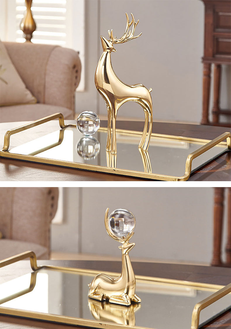 Auspicious Golden Deer Statuette Crystal Ball Embellished Copper Casting Metal Crafts Ornamental Figurines For Luxury Living Room Home Decor