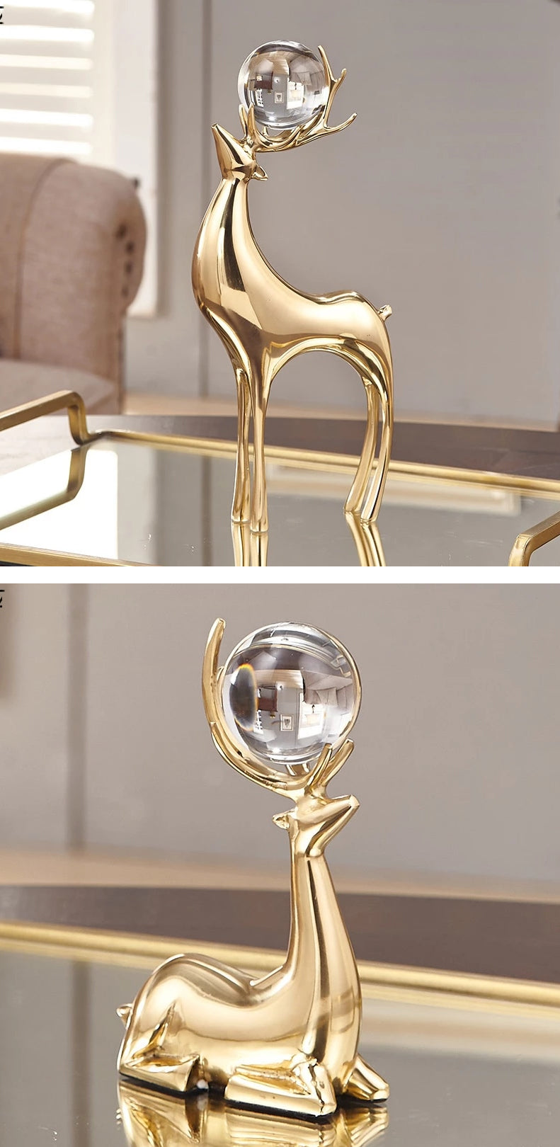 Auspicious Golden Deer Statuette Crystal Ball Embellished Copper Casting Metal Crafts Ornamental Figurines For Luxury Living Room Home Decor