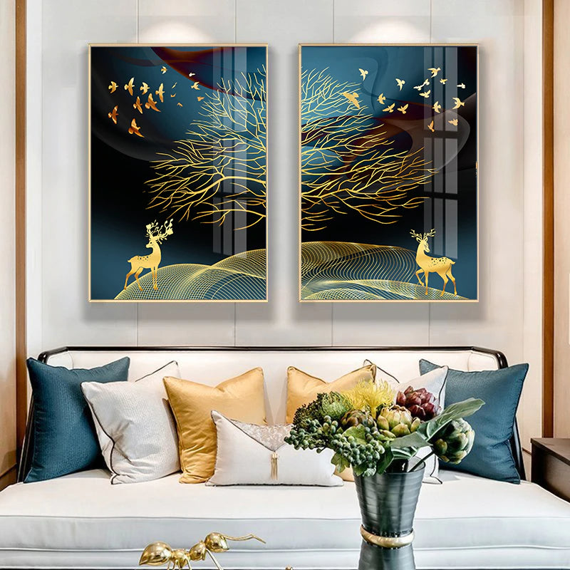 Golden Deer In The Moonlit Forest Auspicious Wall Art Fine Art Canvas Prints Modern Abstract Landscape Pictures For Luxury Living Room Dining Room Art Decor