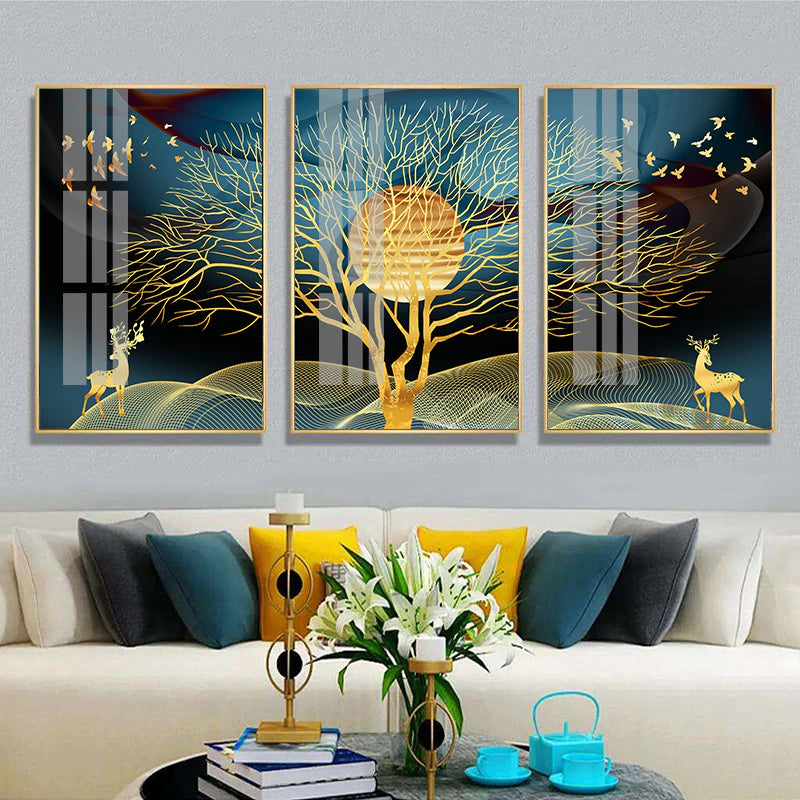 Golden Deer In The Moonlit Forest Auspicious Wall Art Fine Art Canvas Prints Modern Abstract Landscape Pictures For Luxury Living Room Dining Room Art Decor