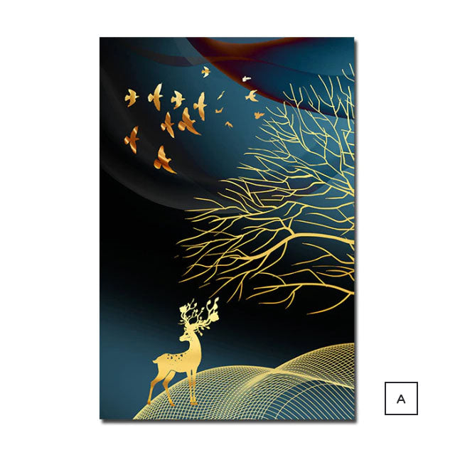 Golden Deer In The Moonlit Forest Auspicious Wall Art Fine Art Canvas Prints Modern Abstract Landscape Pictures For Luxury Living Room Dining Room Art Decor
