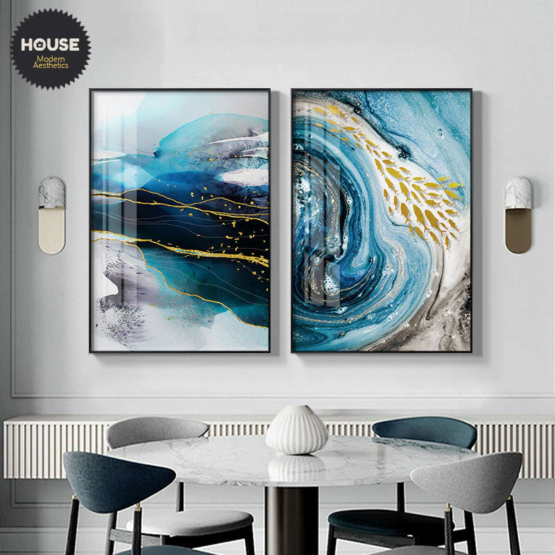 Golden Fishes Blue Sea Flowing Wall Art Fine Art Canvas Prints Modern Abstract Auspicious Pictures For Living Room Dining Room Home Office Decor