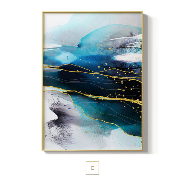 Golden Fishes Blue Sea Flowing Wall Art Fine Art Canvas Prints Modern Abstract Auspicious Pictures For Living Room Dining Room Home Office Decor