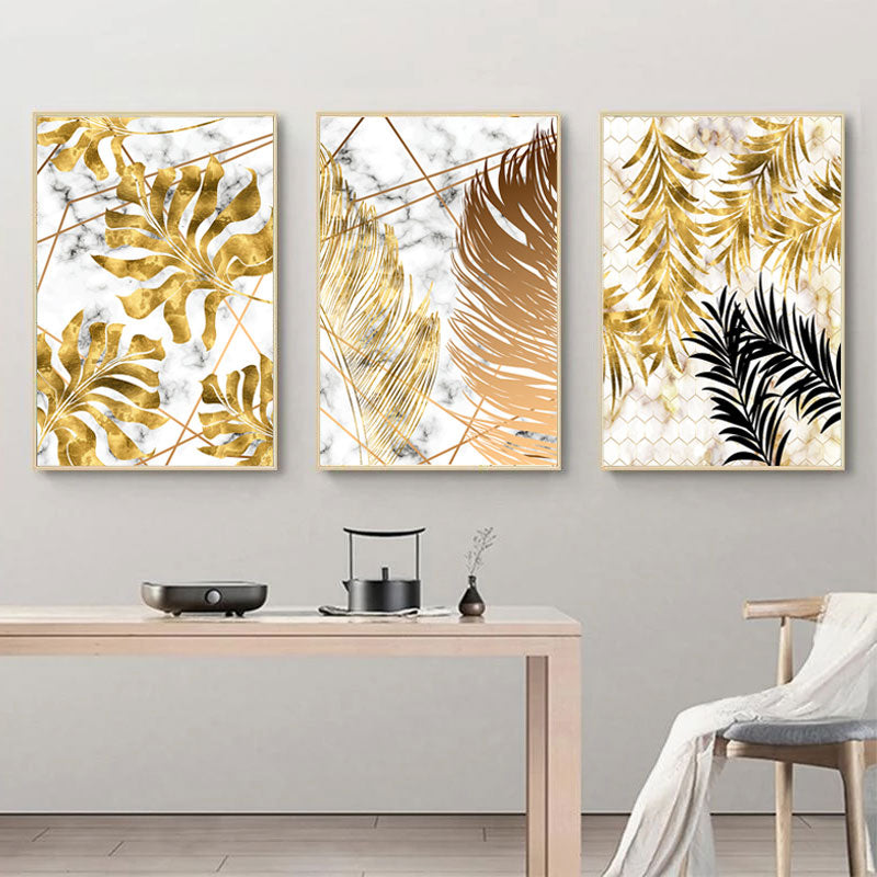 Golden Leaves On Marble Background Fine Art Canvas Prints Tropical Botanical Nordic Style Modern Luxury Lifestyle Wall Art