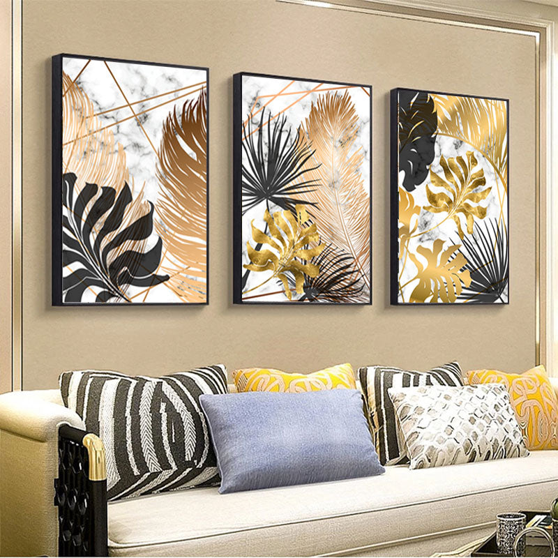 Golden Leaves On Marble Background Fine Art Canvas Prints Tropical Botanical Nordic Style Modern Luxury Lifestyle Wall Art