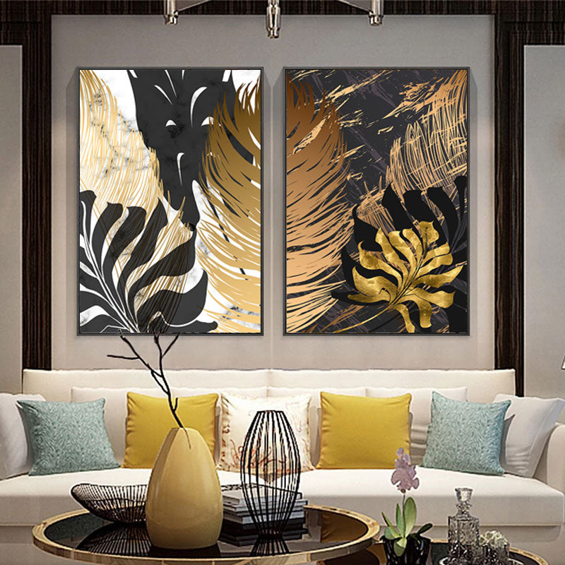 Golden Leaves On Marble Background Fine Art Canvas Prints Tropical Botanical Nordic Style Modern Luxury Lifestyle Wall Art