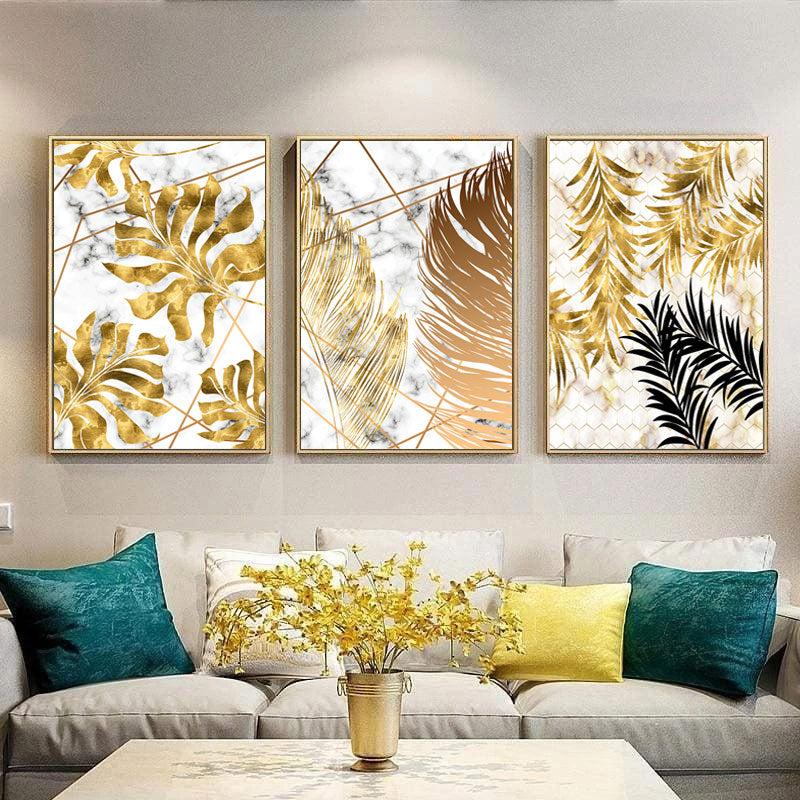 Golden Leaves On Marble Background Fine Art Canvas Prints Tropical Botanical Nordic Style Modern Luxury Lifestyle Wall Art