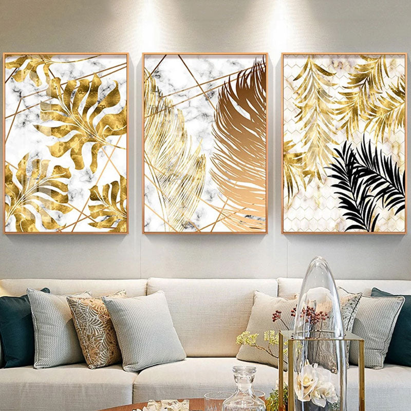 Golden Leaves On Marble Background Fine Art Canvas Prints Tropical Botanical Nordic Style Modern Luxury Lifestyle Wall Art