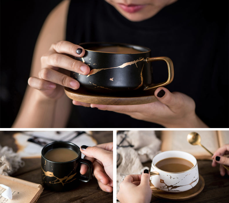 Golden Marble Italian Coffee Mug Ceramic Cup For Morning Coffee Or Afternoon Tea Cup Sets Available In 3 Sizes With Saucer And Lid Options