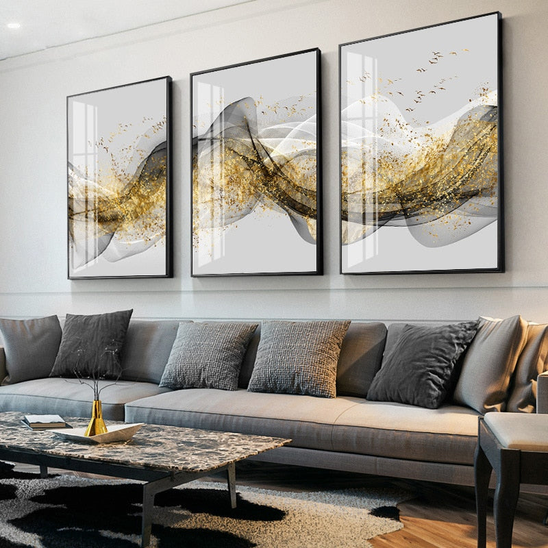 Golden Mountain Abstract Wall Art Fine Art Canvas Print Minimalist White Black Geometric Flowing Design Luxury Pictures For Modern Loft Apartment Living Room Office Wall Art Decor