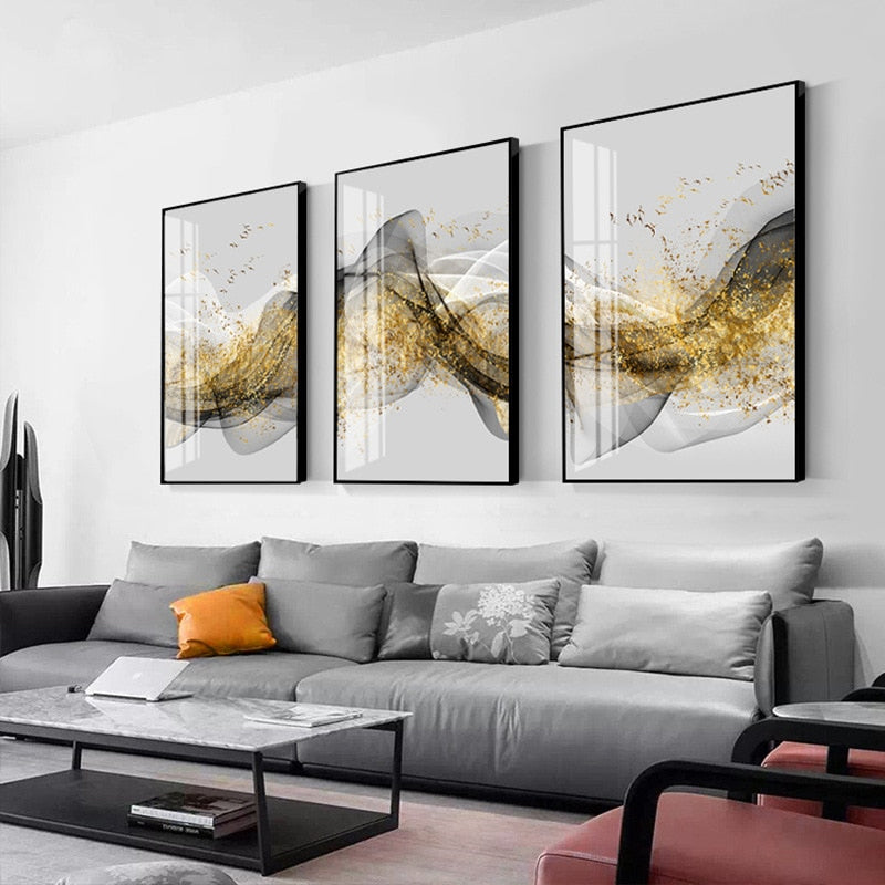 Golden Mountain Abstract Wall Art Fine Art Canvas Print Minimalist White Black Geometric Flowing Design Luxury Pictures For Modern Loft Apartment Living Room Office Wall Art Decor