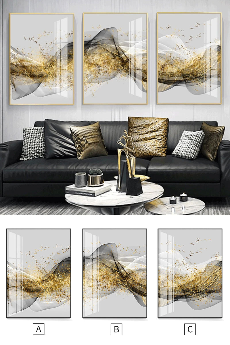 Golden Mountain Abstract Wall Art Fine Art Canvas Print Minimalist White Black Geometric Flowing Design Luxury Pictures For Modern Loft Apartment Living Room Office Wall Art Decor