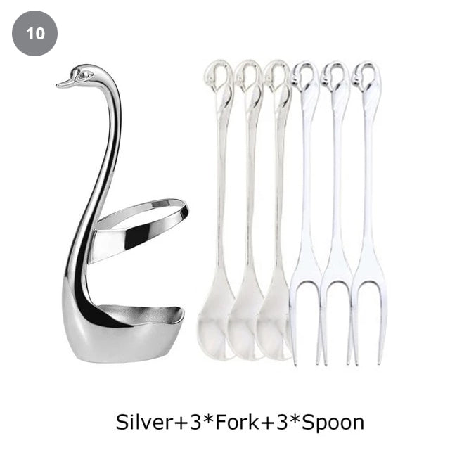 Golden Swan Salad Serving Set Gold Silver Or Bronze Swan Base Holder With 7 Pcs Set Stainless Steel Salad Forks Coffee Dessert Spoons