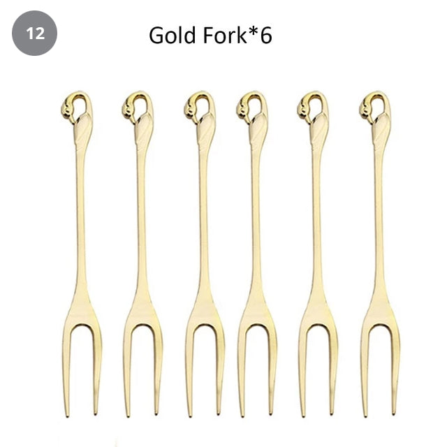 Golden Swan Salad Serving Set Gold Silver Or Bronze Swan Base Holder With 7 Pcs Set Stainless Steel Salad Forks Coffee Dessert Spoons