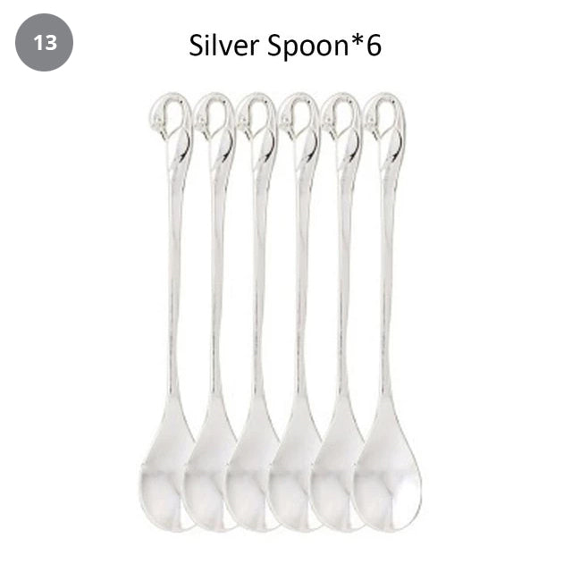 Golden Swan Salad Serving Set Gold Silver Or Bronze Swan Base Holder With 7 Pcs Set Stainless Steel Salad Forks Coffee Dessert Spoons