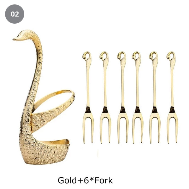 Golden Swan Salad Serving Set Gold Silver Or Bronze Swan Base Holder With 7 Pcs Set Stainless Steel Salad Forks Coffee Dessert Spoons