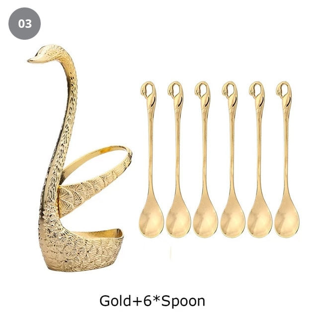 Golden Swan Salad Serving Set Gold Silver Or Bronze Swan Base Holder With 7 Pcs Set Stainless Steel Salad Forks Coffee Dessert Spoons