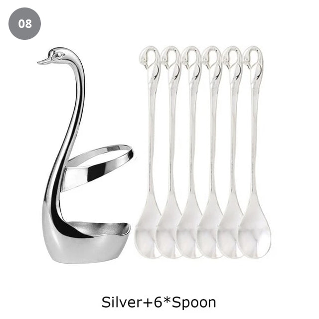 Golden Swan Salad Serving Set Gold Silver Or Bronze Swan Base Holder With 7 Pcs Set Stainless Steel Salad Forks Coffee Dessert Spoons