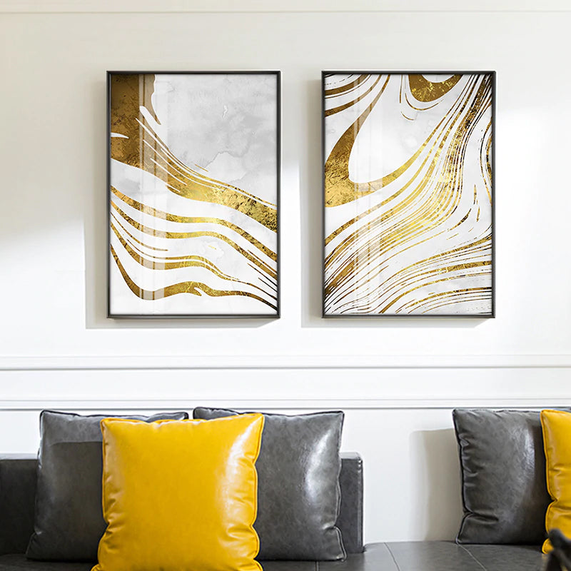 Golden Swirls Modern Abstract Wall Art White Gold Fine Art Canvas Prints Contemporary Art Decor Pictures For Bedroom Living Room Modern Home Interiors