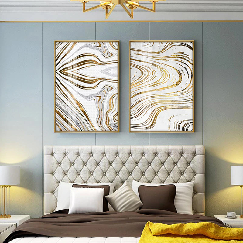 Golden Swirls Modern Abstract Wall Art White Gold Fine Art Canvas Prints Contemporary Art Decor Pictures For Bedroom Living Room Modern Home Interiors