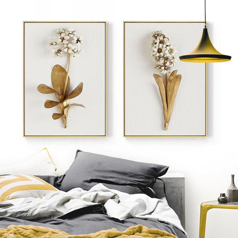 Golden White Flowers Wall Art Fine Art Canvas Prints Modern Contemporary Botanical Wall Art For Living Room Bedroom Dining Room Home Interior Decor