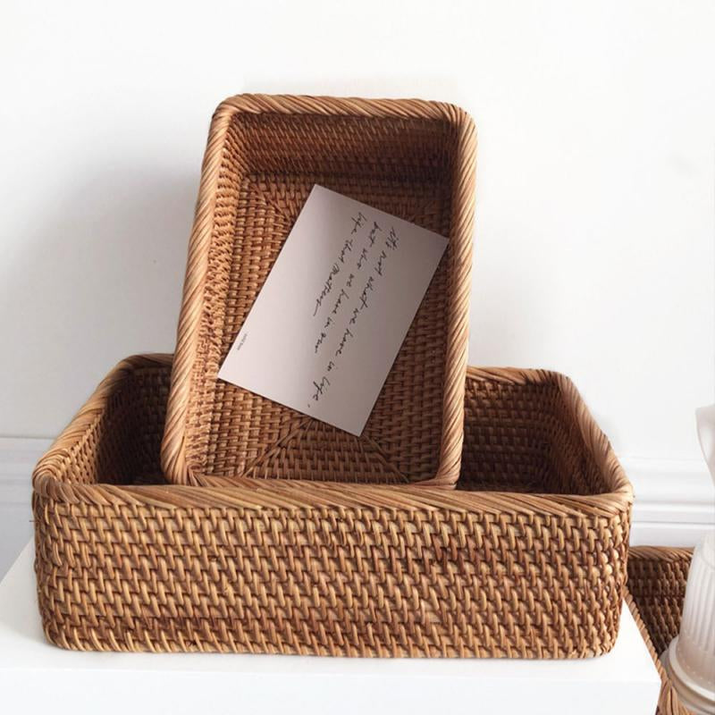 Handwoven Wicker Baskets For Kitchen Fruit Bread Basket For Bathroom Cosmetics Storage Rattan Trays For Home Tidy Sundries Storage Boxes