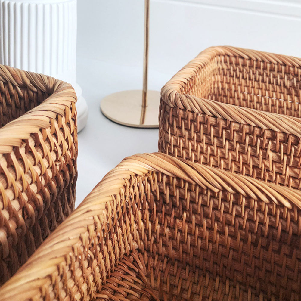 Handwoven Wicker Baskets For Kitchen Fruit Bread Basket For Bathroom Cosmetics Storage Rattan Trays For Home Tidy Sundries Storage Boxes