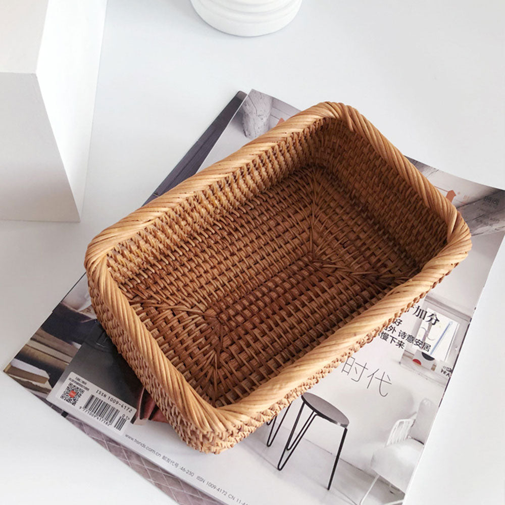 Handwoven Wicker Baskets For Kitchen Fruit Bread Basket For Bathroom Cosmetics Storage Rattan Trays For Home Tidy Sundries Storage Boxes