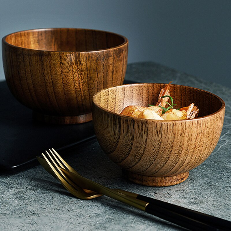 Handmade Japanese Wooden Rice Bowl Dining Table Solid Wood Kitchenware Salad Serving Bowl Wooden Tableware 3 Sizes