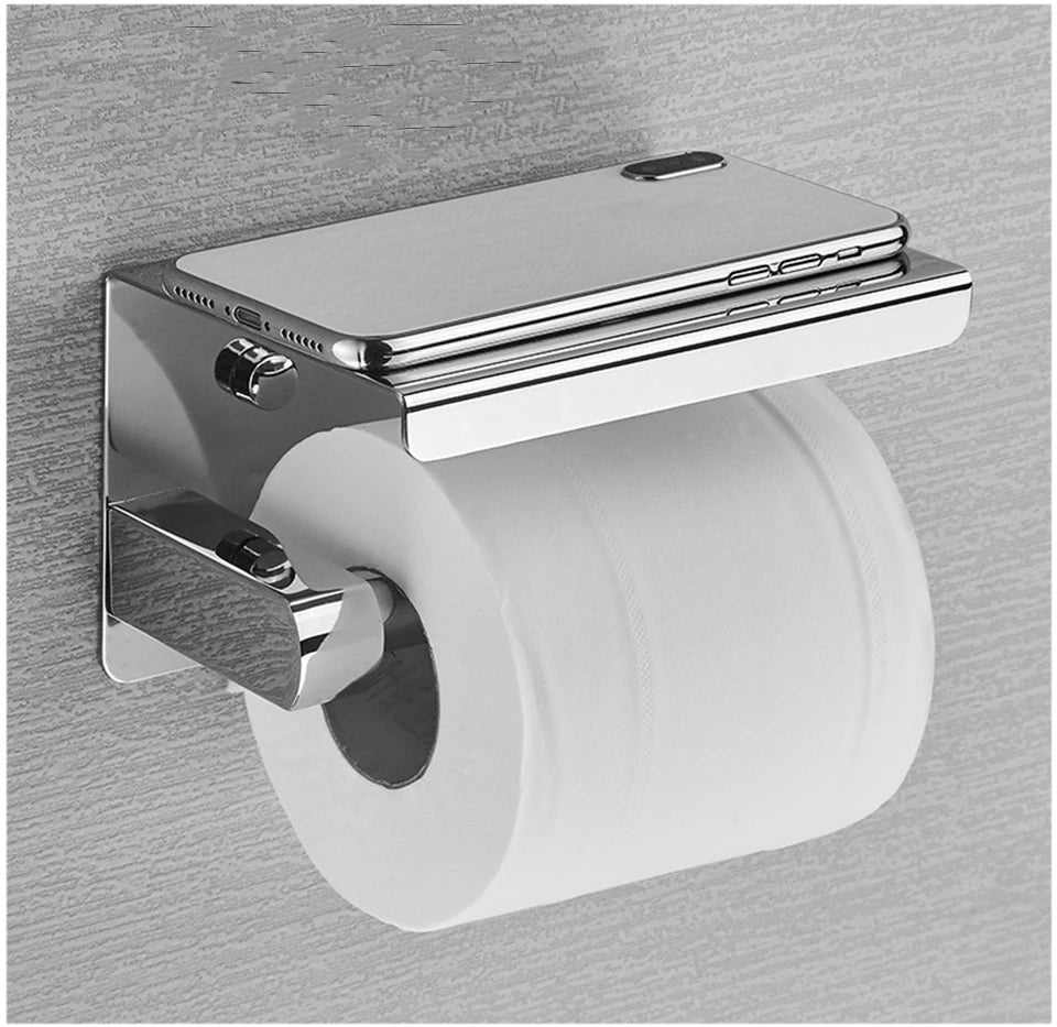 <img src="https://cdn.shopify.com/s/files/1/0270/7796/7917/files/High_Gloss_Stainless_Steel_Toilet_Roll_Holder_With_Handy_Phone_Shelf_Luxury_Premium_Accessories_And_Fittings_Modern_Washroom_B_13.jpg?v=1606025494" alt="High Gloss Stainless Steel Toilet Roll Holder With Handy Phone Shelf Luxury Premium Accessories And Fittings Modern Washroom Bathroom Silver Loo Roll Holder">