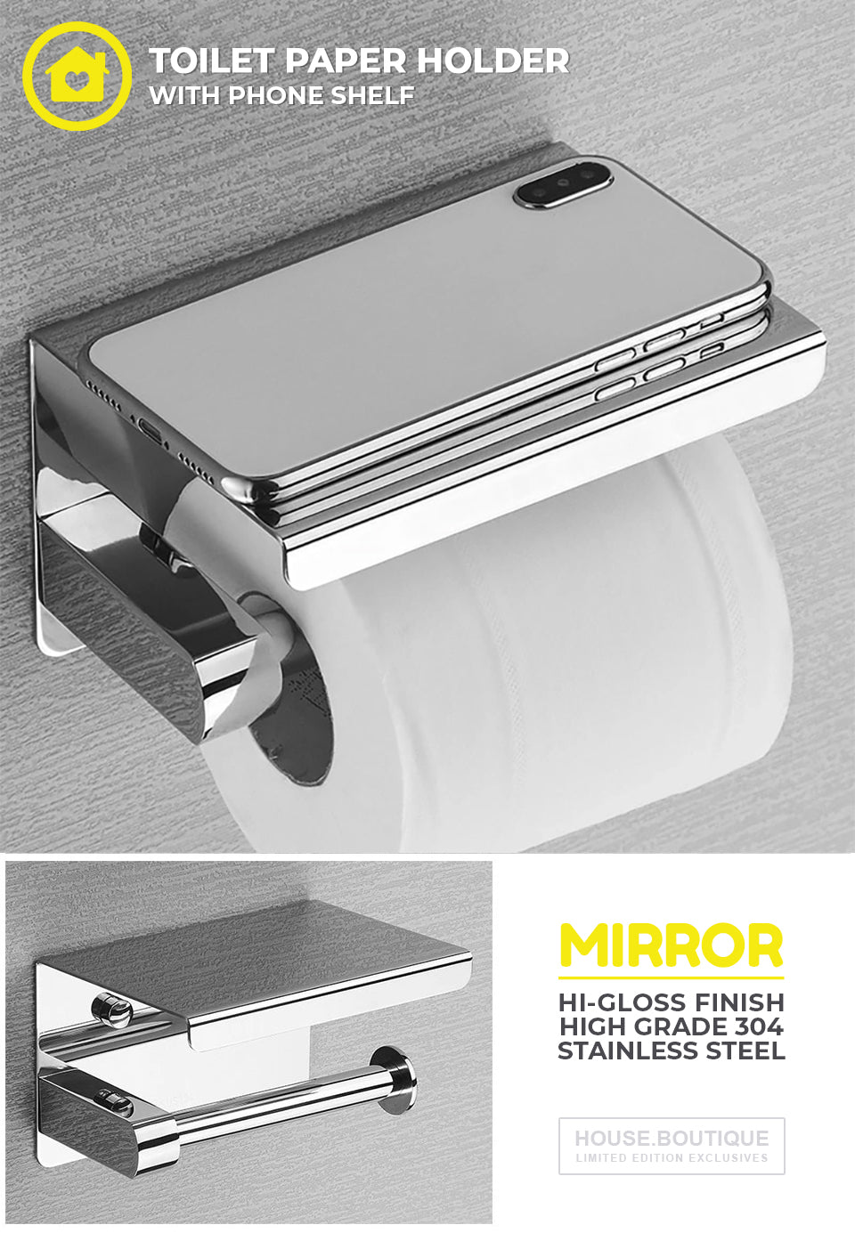 High Gloss Stainless Steel Toilet Roll Holder With Handy Phone Shelf Luxury Premium Accessories And Fittings Modern Washroom Bathroom Silver Loo Roll Holder
