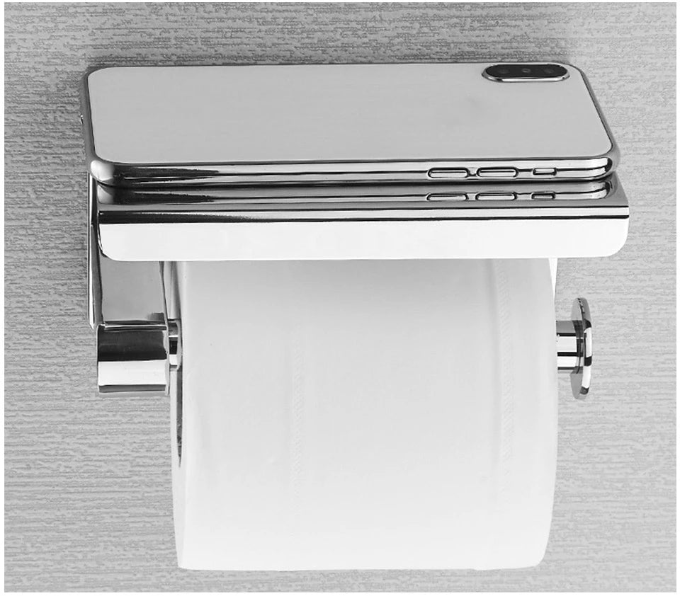 High Gloss Stainless Steel Toilet Roll Holder With Handy Phone Shelf Luxury Premium Accessories And Fittings Modern Washroom Bathroom Silver Loo Roll Holder