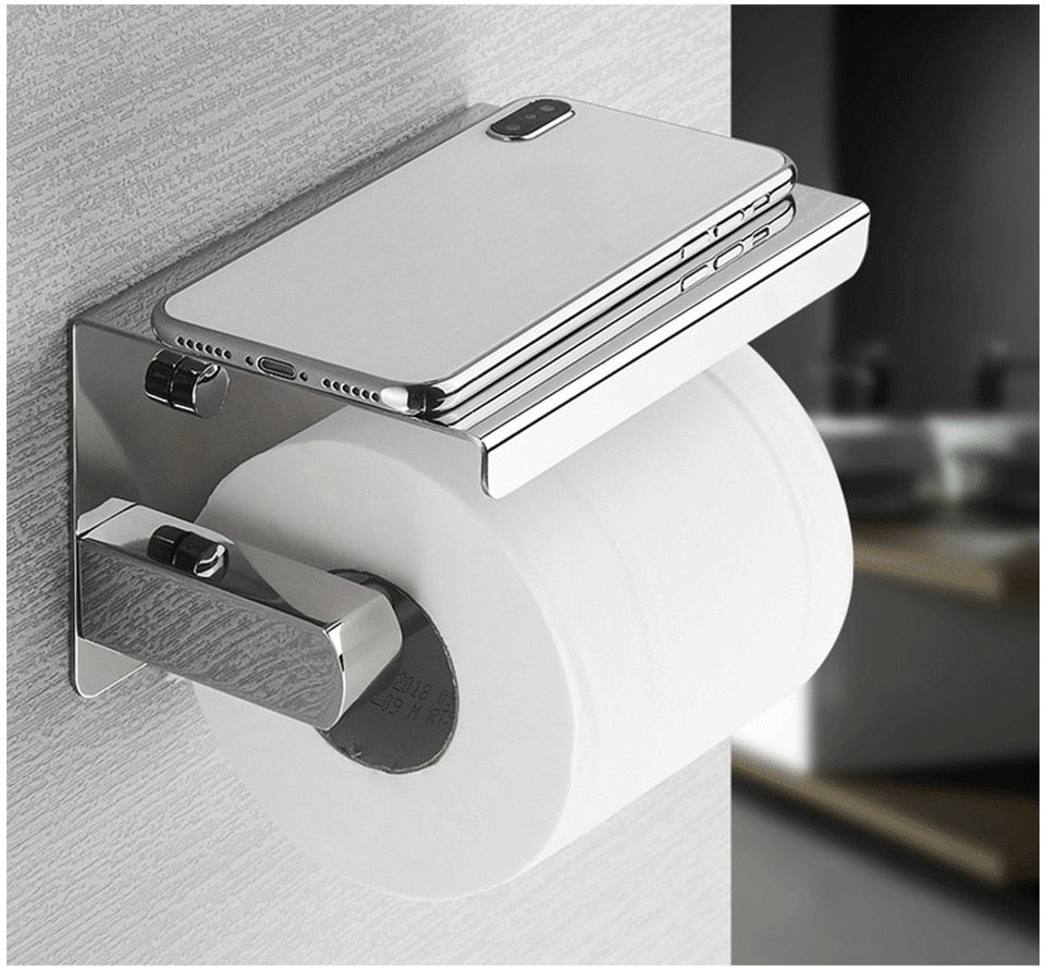 High Gloss Stainless Steel Toilet Roll Holder With Handy Phone Shelf Luxury Premium Accessories And Fittings Modern Washroom Bathroom Silver Loo Roll Holder