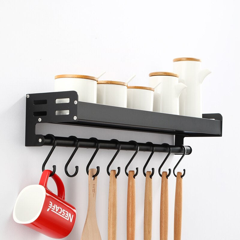 Industrial Design Space Aluminum Kitchen Shelf Spice Rack Utensil Hangar Storage For Coffee Tea Salt Sugar Wall Mounted Silver Black 3 Sizes